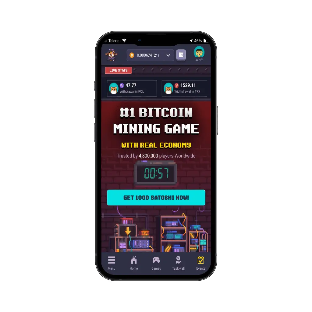 "Earn free crypto by playing games on RollerCoin virtual mining platform."